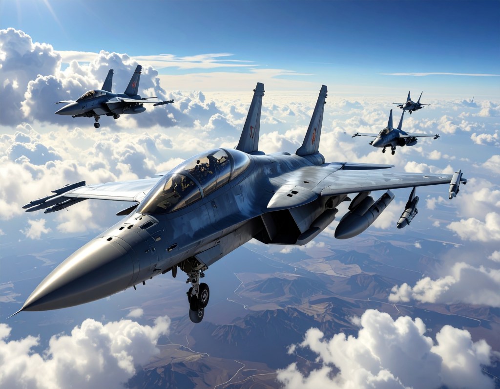 A formation of five advanced military jet fighters soaring through a blue sky dotted with white clouds, evoking a sense of...