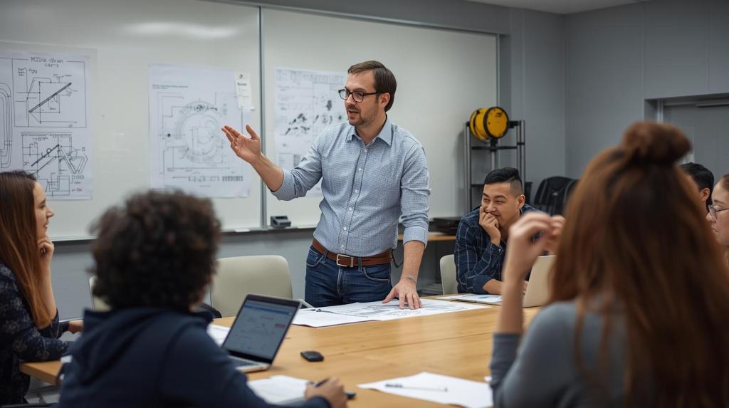 Un homme parle dans une salle de classe avec d'autres personnes assistent.