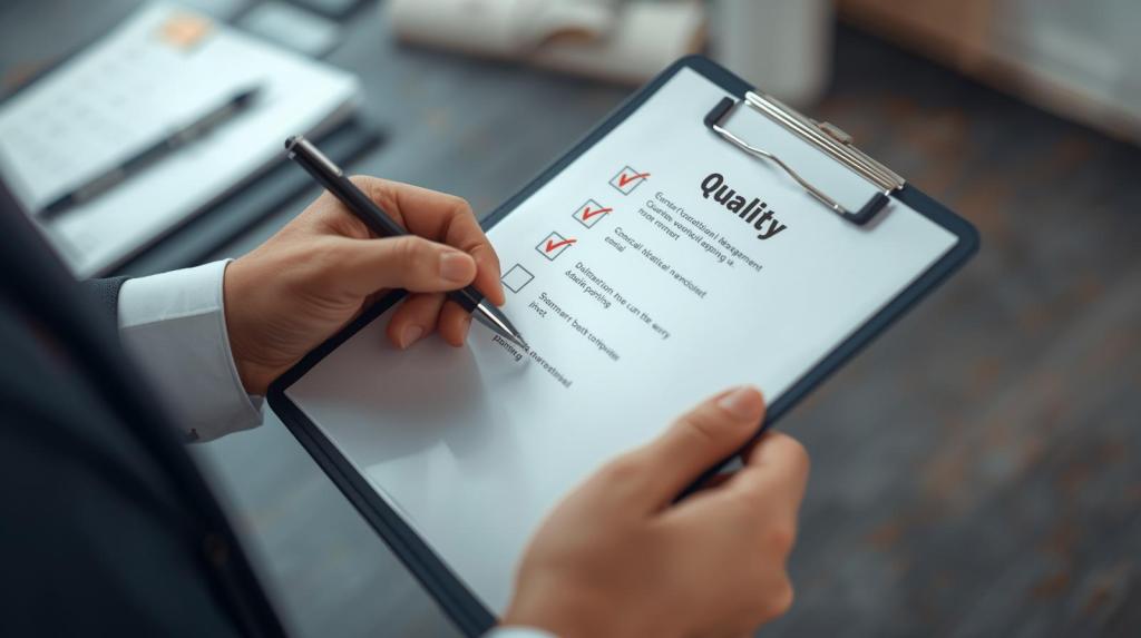 Descriptif de l'image alt : La main d'une personne en chemise blanche écrit sur une liste de vérification intitulée "Quali...